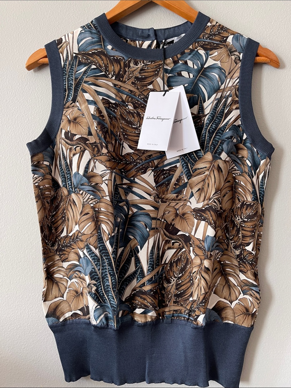 Salvatore Ferragamo Silk Blue & Brown Tropical Leaf Rib-Trim Tank